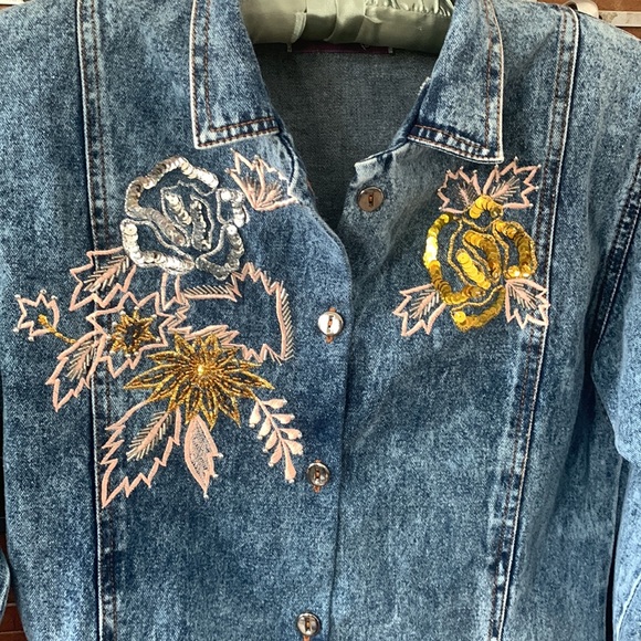 Acid Wash Puff Sleeve Peplum Blouse Jacket Layer Embroidered Size Medium - Picture 2 of 12